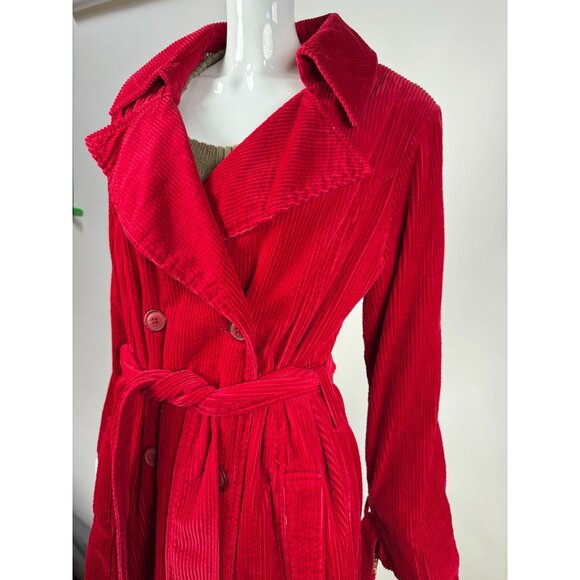 Vintage Newport News Red Corduroy Belted Trench Coat With Leopard Print Lining S - Picture 3 of 16